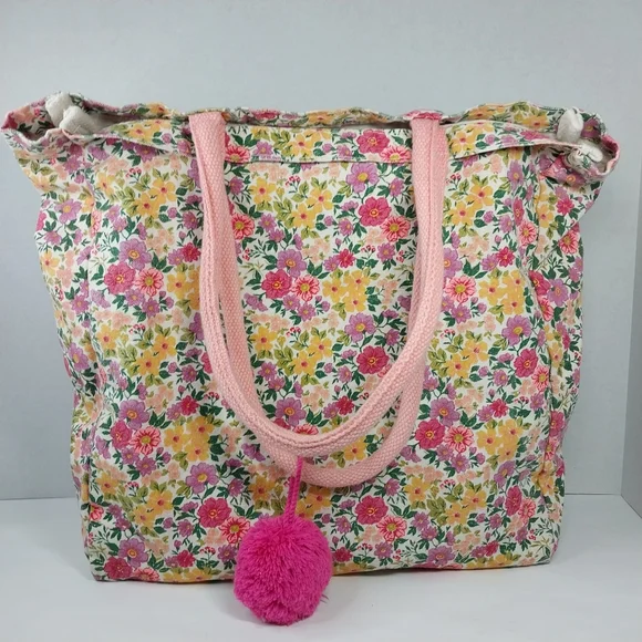 Eccolo Women's Bight Pink Floral Canvas Medium Size Reusable Tote Bag - Picture 3 of 10